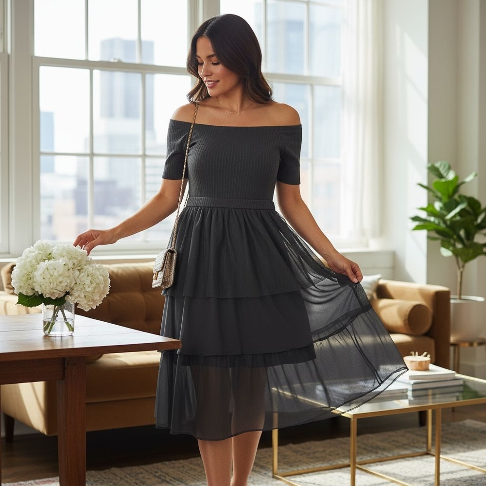 Elegant Off-Shoulder Charcoal Midi Dress